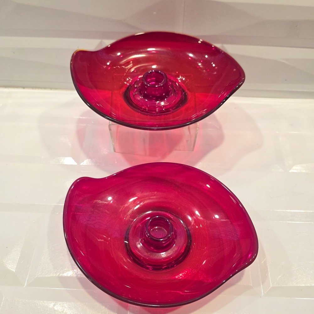 Set Of Two MCM Viking Red Epic Candle Stick/Holders Retro 1970's